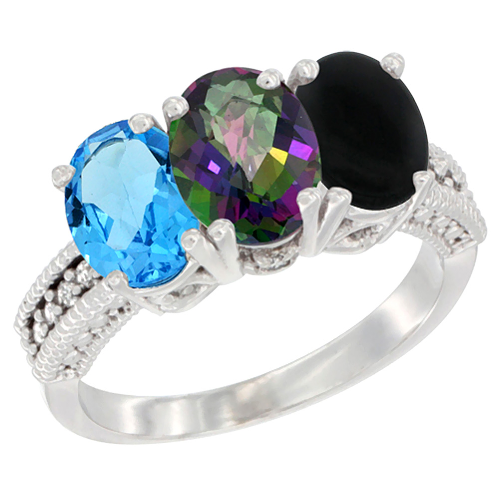 10K White Gold Natural Swiss Blue Topaz, Mystic Topaz & Black Onyx Ring 3-Stone Oval 7x5 mm Diamond Accent, sizes 5 - 10