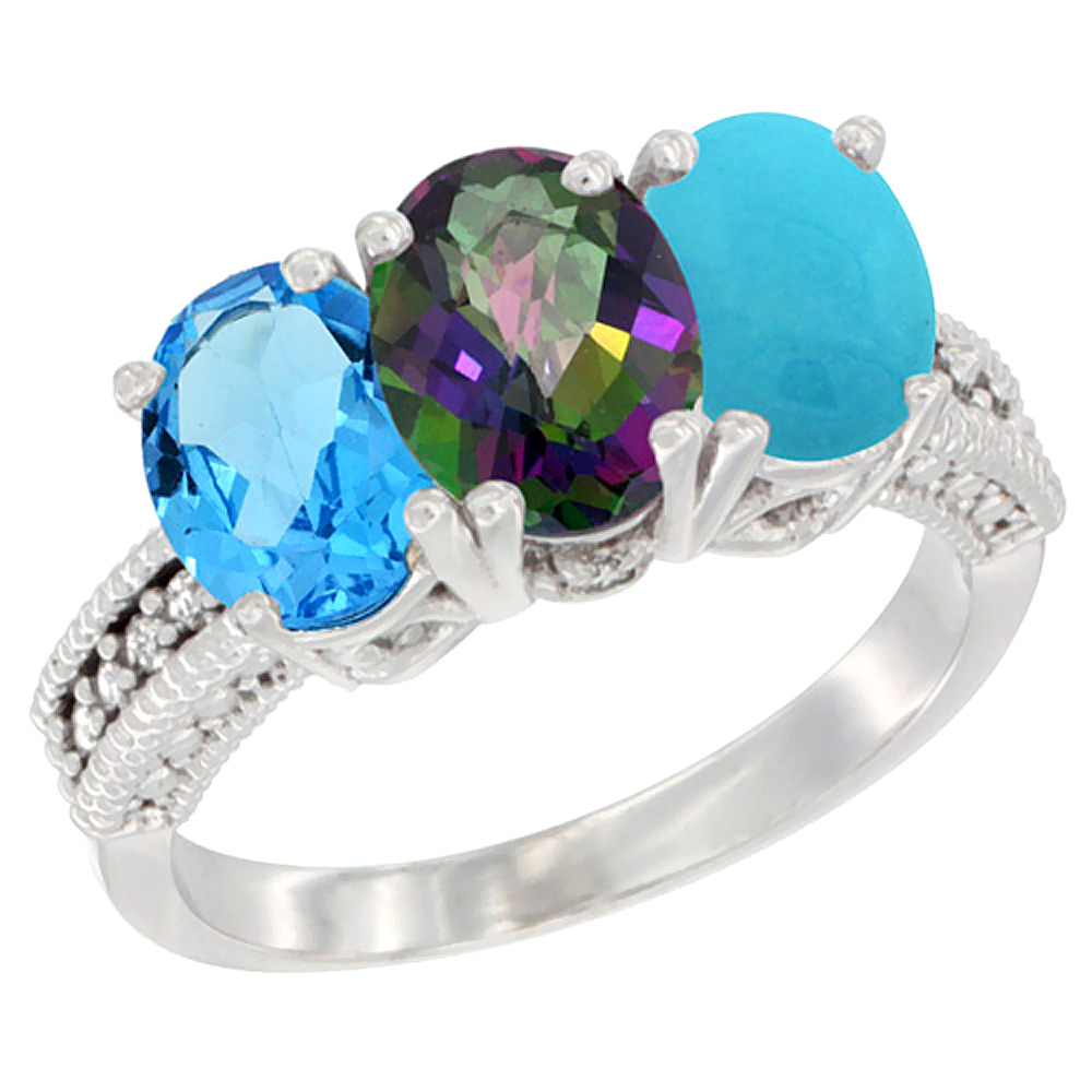 14K White Gold Natural Swiss Blue Topaz, Mystic Topaz &amp; Turquoise Ring 3-Stone 7x5 mm Oval Diamond Accent, sizes 5 - 10