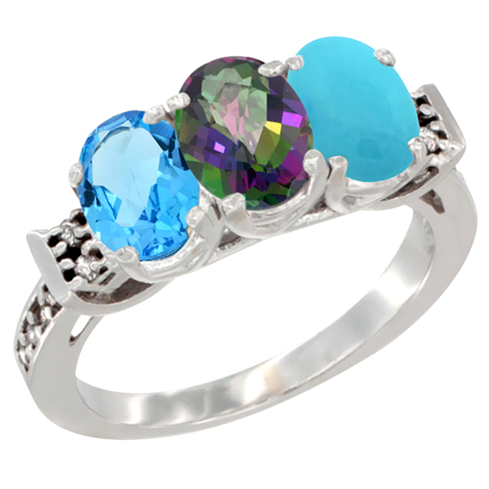 10K White Gold Natural Swiss Blue Topaz, Mystic Topaz & Turquoise Ring 3-Stone Oval 7x5 mm Diamond Accent, sizes 5 - 10