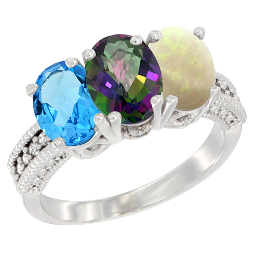 10K White Gold Natural Swiss Blue Topaz, Mystic Topaz & Opal Ring 3-Stone Oval 7x5 mm Diamond Accent, sizes 5 - 10