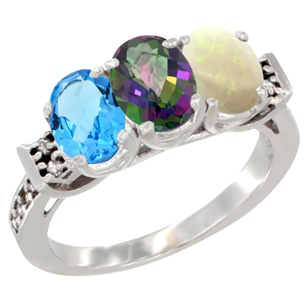 10K White Gold Natural Swiss Blue Topaz, Mystic Topaz & Opal Ring 3-Stone Oval 7x5 mm Diamond Accent, sizes 5 - 10