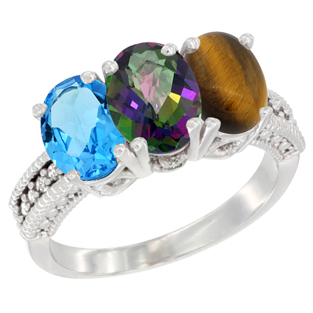 14K White Gold Natural Swiss Blue Topaz, Mystic Topaz & Tiger Eye Ring 3-Stone 7x5 mm Oval Diamond Accent, sizes 5 - 10