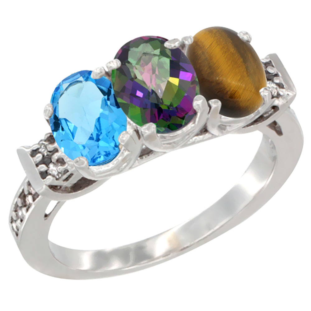 14K White Gold Natural Swiss Blue Topaz, Mystic Topaz & Tiger Eye Ring 3-Stone 7x5 mm Oval Diamond Accent, sizes 5 - 10