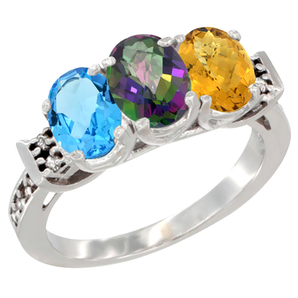 14K White Gold Natural Swiss Blue Topaz, Mystic Topaz &amp; Whisky Quartz Ring 3-Stone 7x5 mm Oval Diamond Accent, sizes 5 - 10