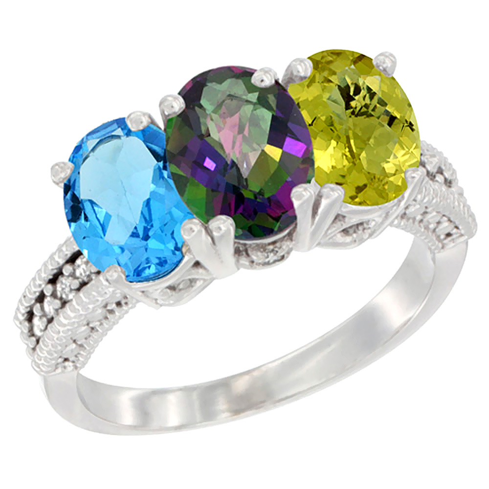 14K White Gold Natural Swiss Blue Topaz, Mystic Topaz &amp; Lemon Quartz Ring 3-Stone 7x5 mm Oval Diamond Accent, sizes 5 - 10