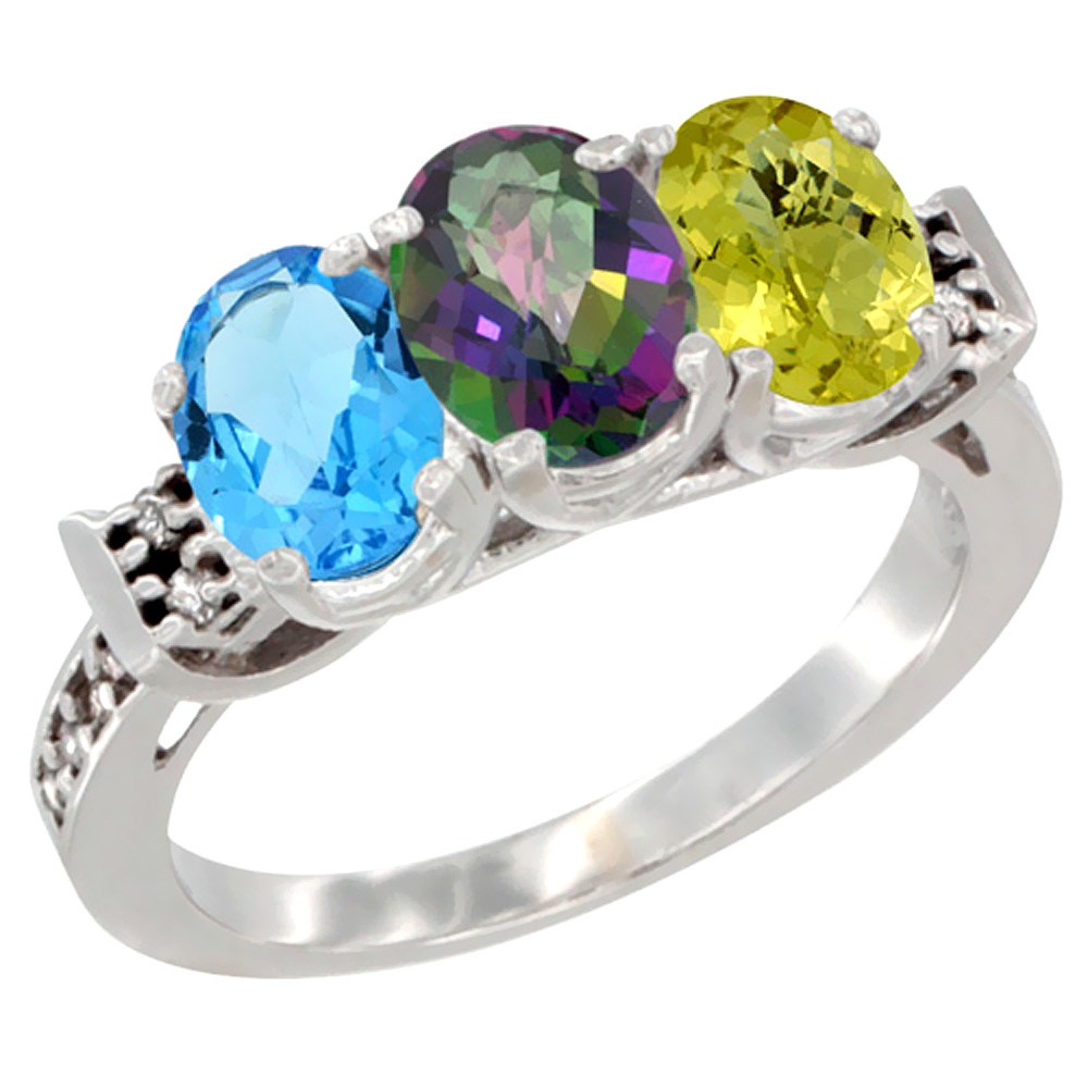 14K White Gold Natural Swiss Blue Topaz, Mystic Topaz & Lemon Quartz Ring 3-Stone 7x5 mm Oval Diamond Accent, sizes 5 - 10