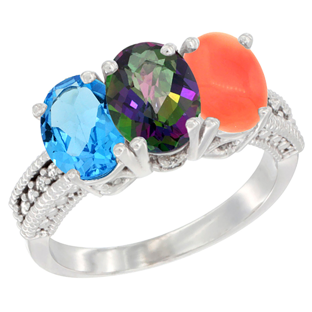 14K White Gold Natural Swiss Blue Topaz, Mystic Topaz & Coral Ring 3-Stone 7x5 mm Oval Diamond Accent, sizes 5 - 10