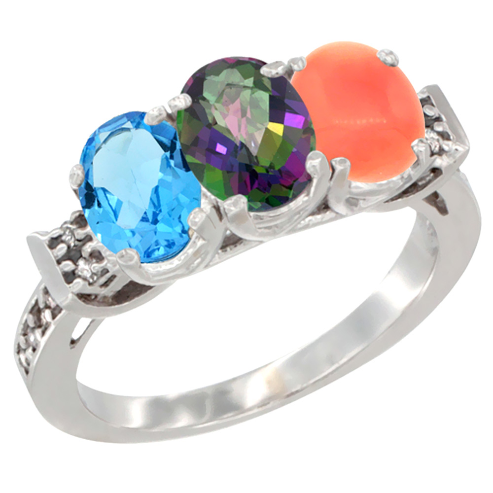 10K White Gold Natural Swiss Blue Topaz, Mystic Topaz & Coral Ring 3-Stone Oval 7x5 mm Diamond Accent, sizes 5 - 10