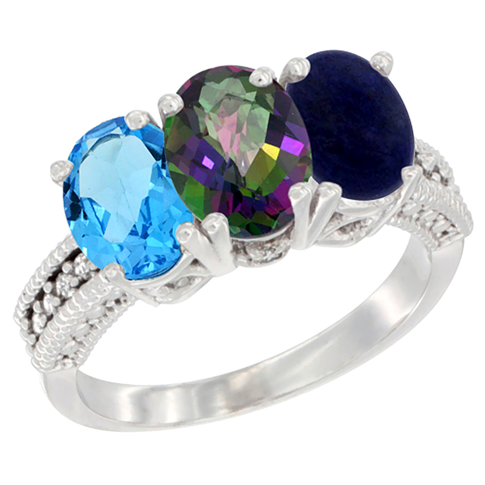 14K White Gold Natural Swiss Blue Topaz, Mystic Topaz &amp; Lapis Ring 3-Stone 7x5 mm Oval Diamond Accent, sizes 5 - 10