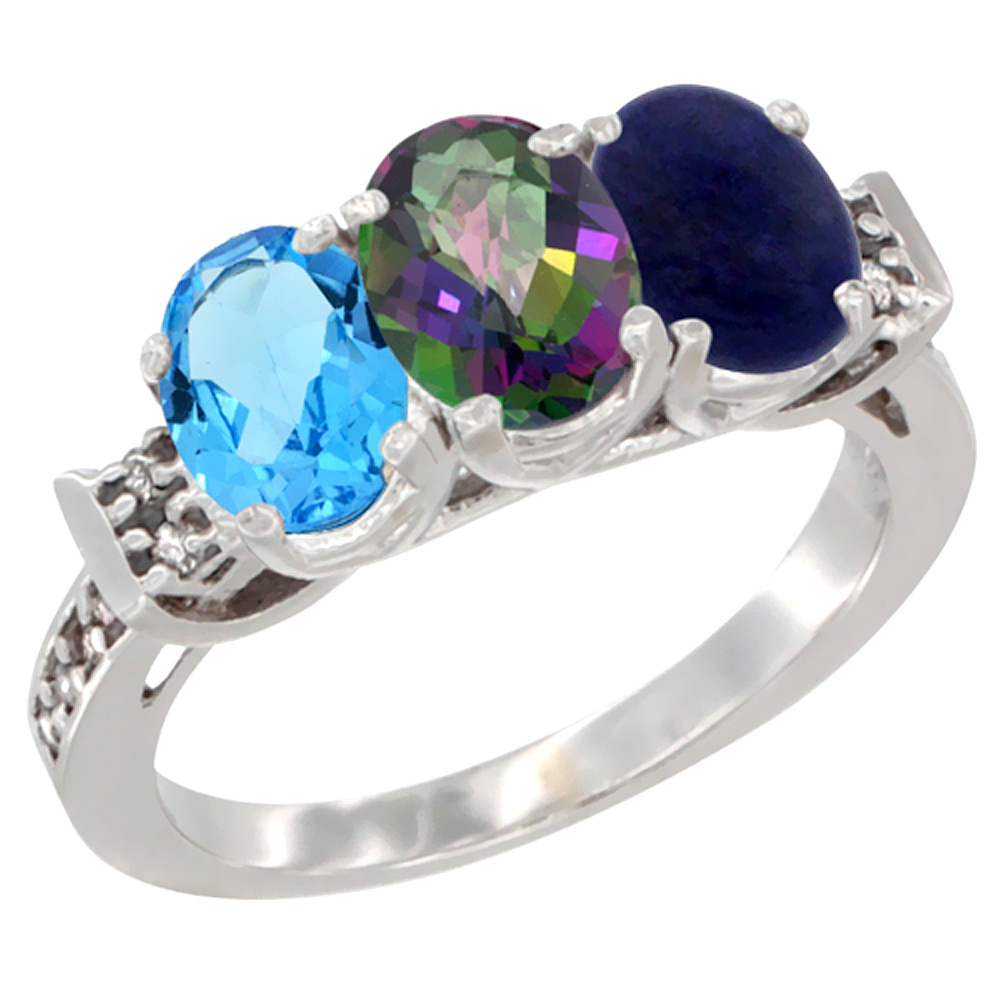 10K White Gold Natural Swiss Blue Topaz, Mystic Topaz & Lapis Ring 3-Stone Oval 7x5 mm Diamond Accent, sizes 5 - 10