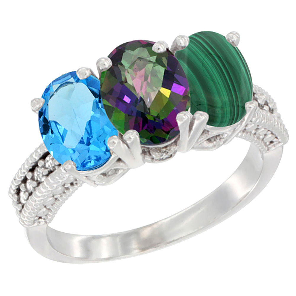 10K White Gold Natural Swiss Blue Topaz, Mystic Topaz & Malachite Ring 3-Stone Oval 7x5 mm Diamond Accent, sizes 5 - 10