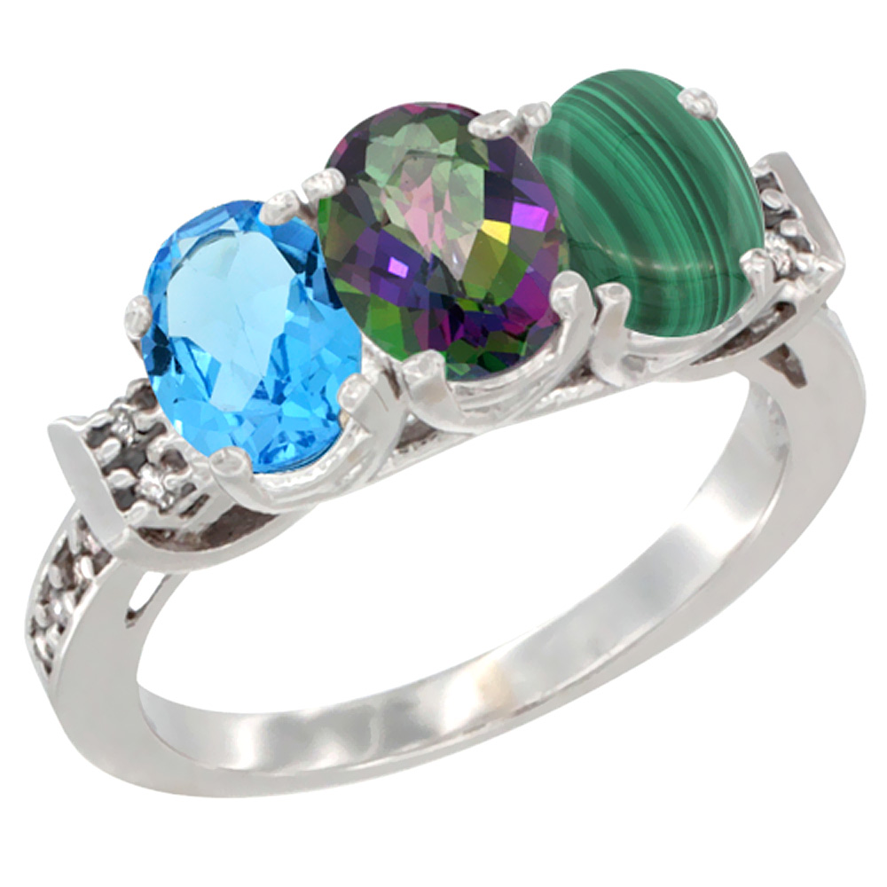 10K White Gold Natural Swiss Blue Topaz, Mystic Topaz & Malachite Ring 3-Stone Oval 7x5 mm Diamond Accent, sizes 5 - 10