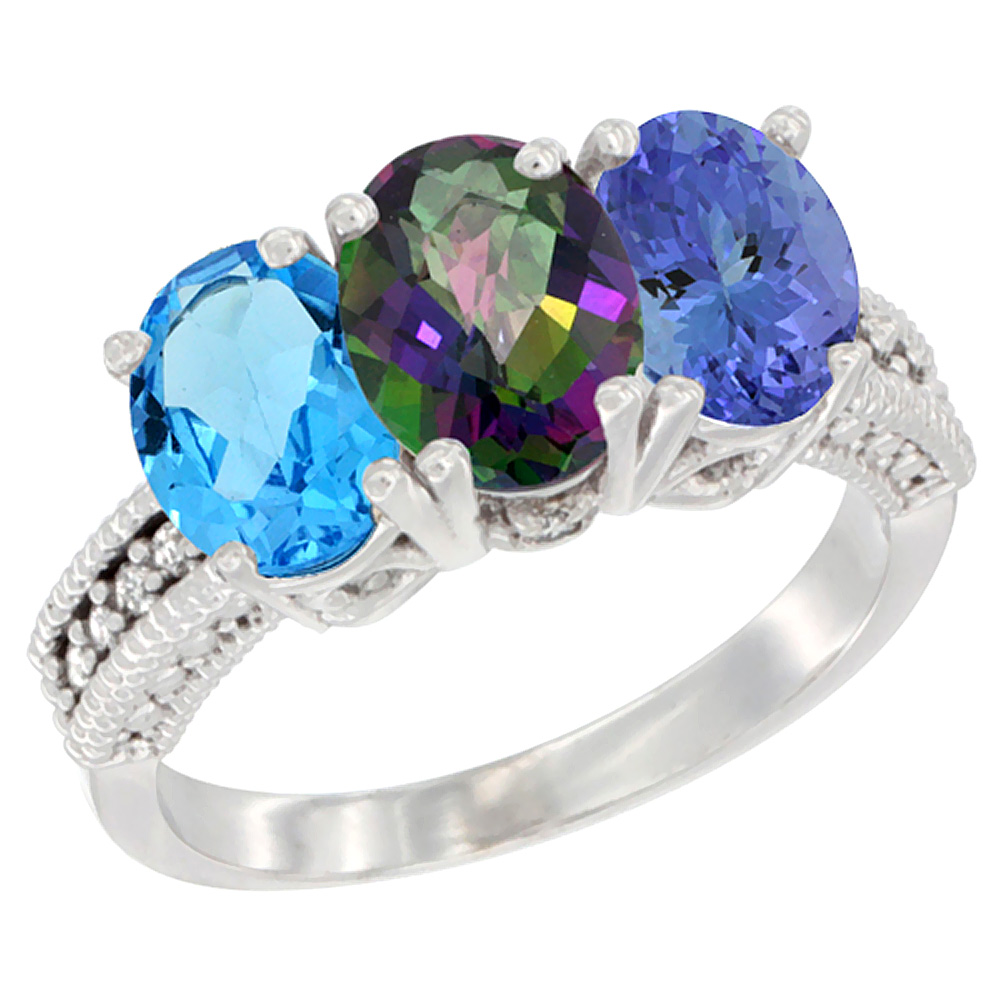 14K White Gold Natural Swiss Blue Topaz, Mystic Topaz & Tanzanite Ring 3-Stone 7x5 mm Oval Diamond Accent, sizes 5 - 10