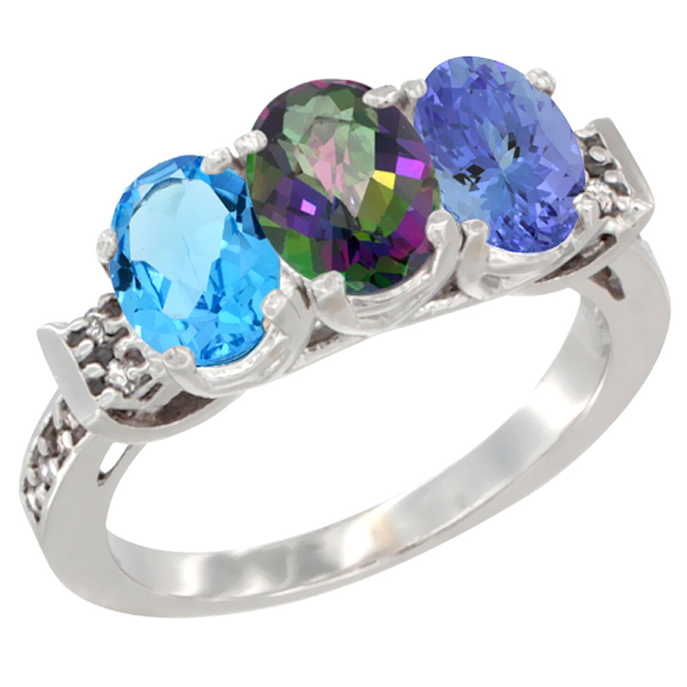 14K White Gold Natural Swiss Blue Topaz, Mystic Topaz & Tanzanite Ring 3-Stone 7x5 mm Oval Diamond Accent, sizes 5 - 10