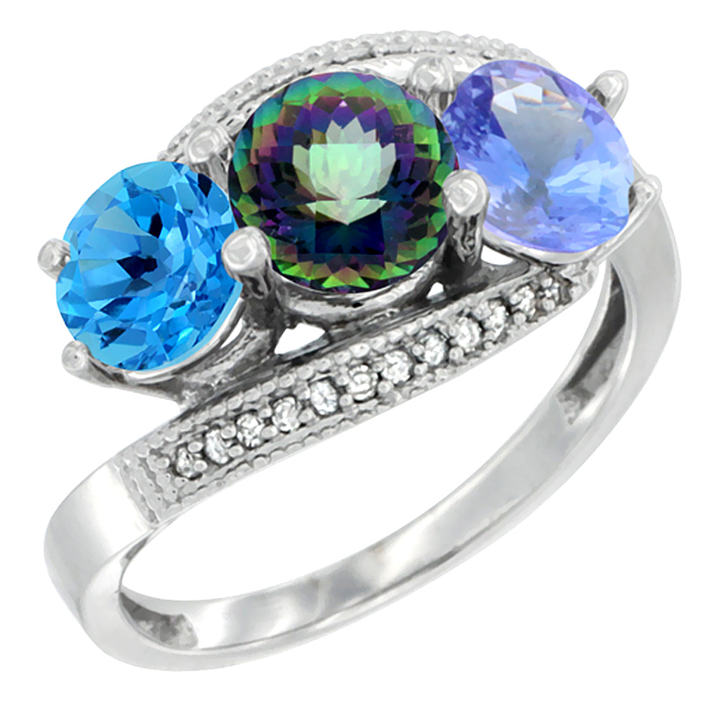 14K White Gold Natural Swiss Blue Topaz, Mystic Topaz & Tanzanite 3 stone Ring Round 6mm Diamond Accent, sizes 5 - 10