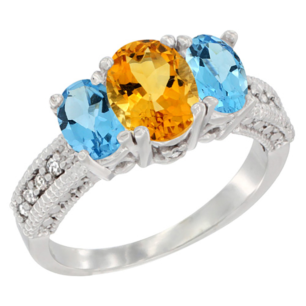 14K White Gold Diamond Natural Citrine Ring Oval 3-stone with Swiss Blue Topaz, sizes 5 - 10