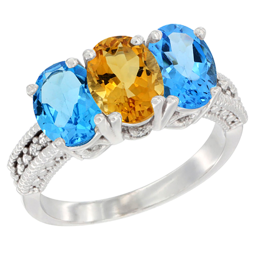 10K White Gold Natural Citrine &amp; Swiss Blue Topaz Sides Ring 3-Stone Oval 7x5 mm Diamond Accent, sizes 5 - 10