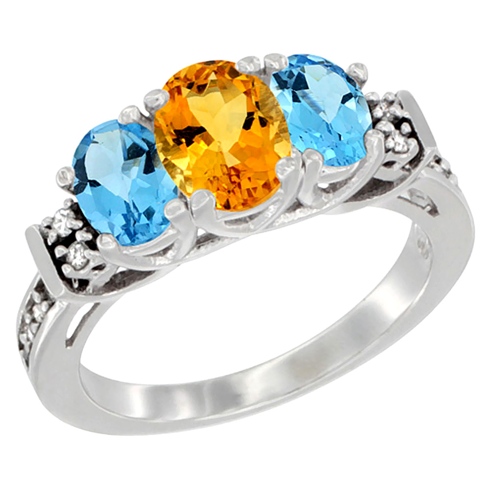 14K White Gold Natural Citrine & Swiss Blue Topaz Ring 3-Stone Oval Diamond Accent, sizes 5-10