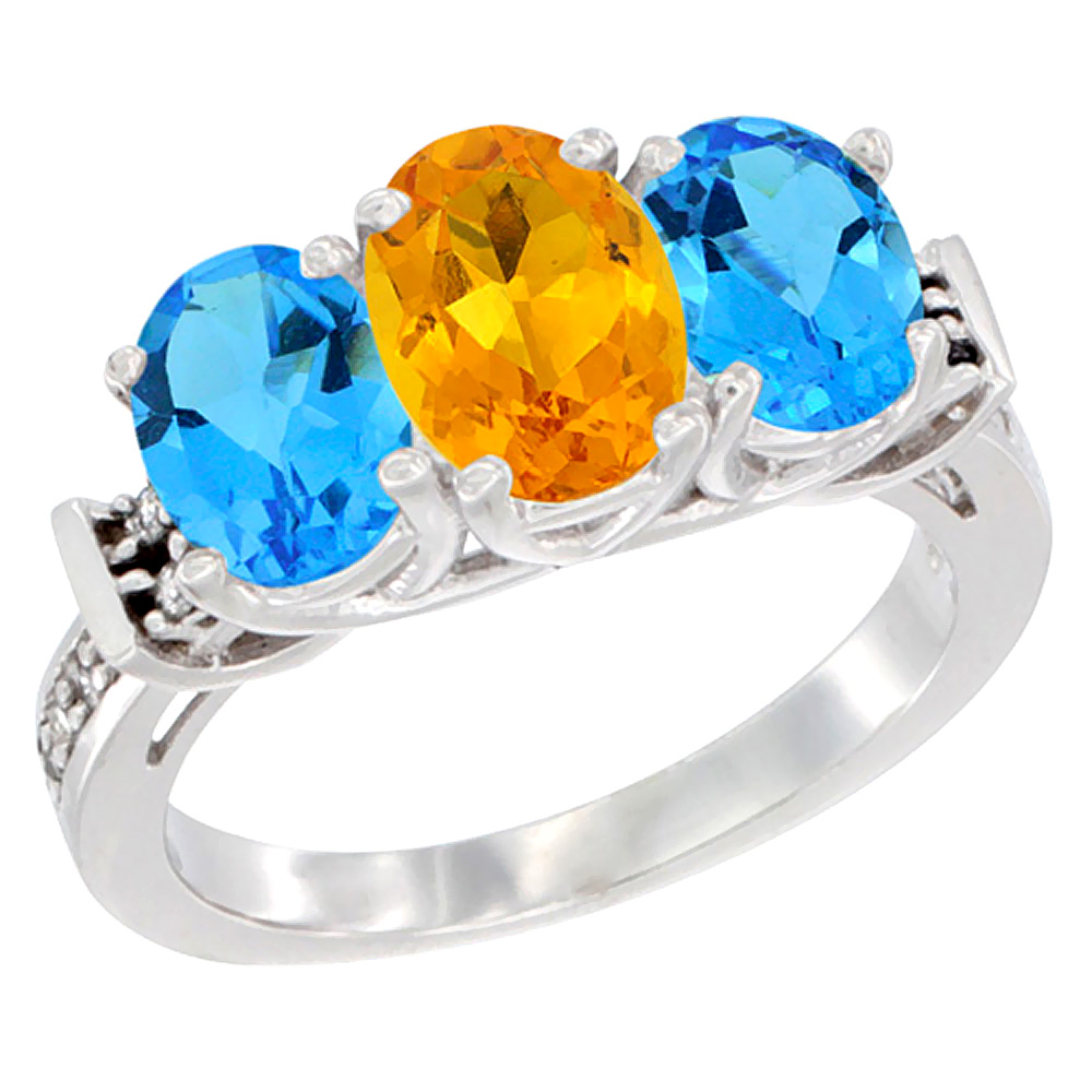 14K White Gold Natural Citrine & Swiss Blue Topaz Sides Ring 3-Stone Oval Diamond Accent, sizes 5 - 10