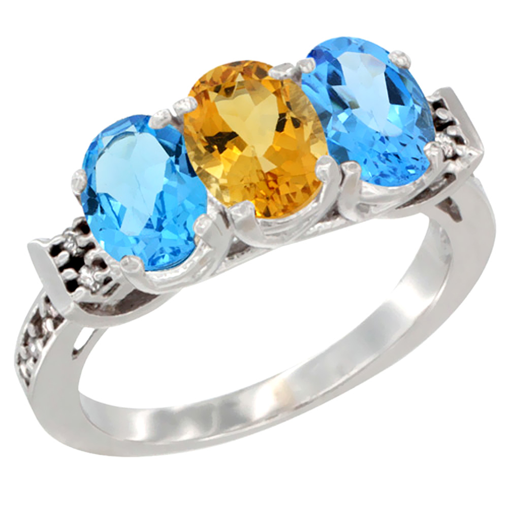 14K White Gold Natural Citrine & Swiss Blue Topaz Sides Ring 3-Stone 7x5 mm Oval Diamond Accent, sizes 5 - 10