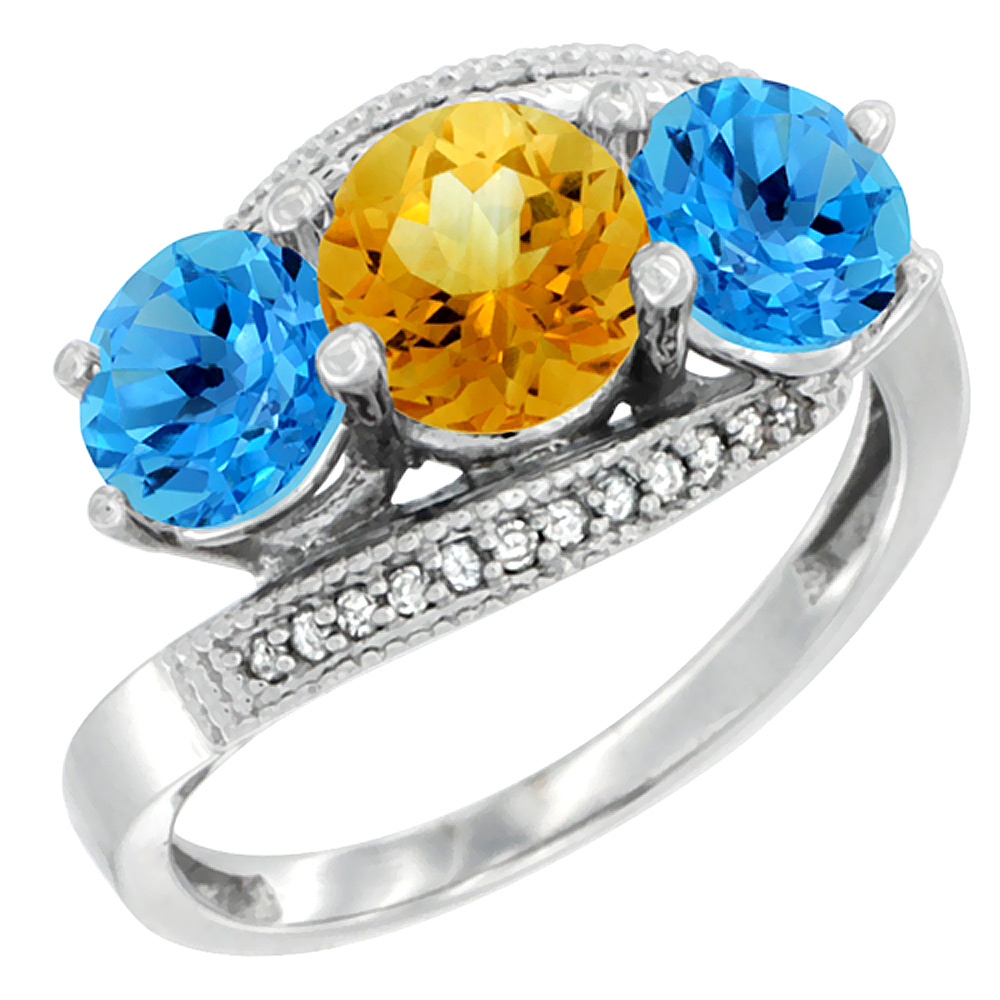 10K White Gold Natural Citrine & Swiss Blue Topaz Sides 3 stone Ring Round 6mm Diamond Accent, sizes 5 - 10