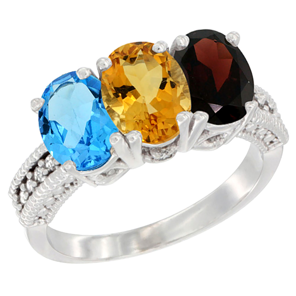 14K White Gold Natural Swiss Blue Topaz, Citrine & Garnet Ring 3-Stone 7x5 mm Oval Diamond Accent, sizes 5 - 10