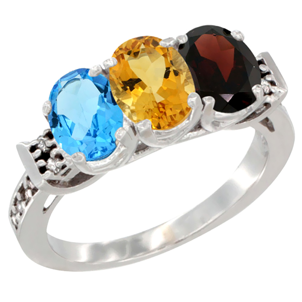 14K White Gold Natural Swiss Blue Topaz, Citrine & Garnet Ring 3-Stone 7x5 mm Oval Diamond Accent, sizes 5 - 10