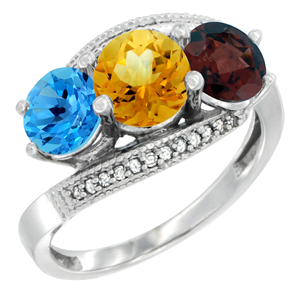 14K White Gold Natural Swiss Blue Topaz, Citrine & Garnet 3 stone Ring Round 6mm Diamond Accent, sizes 5 - 10