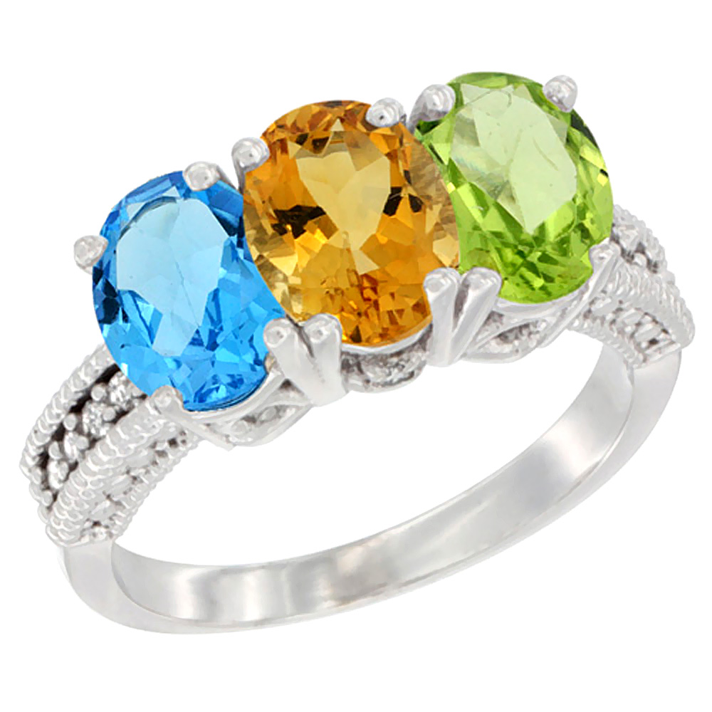 10K White Gold Natural Swiss Blue Topaz, Citrine & Peridot Ring 3-Stone Oval 7x5 mm Diamond Accent, sizes 5 - 10