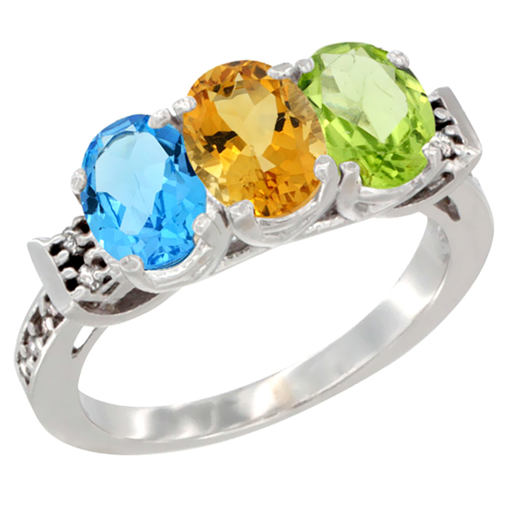 14K White Gold Natural Swiss Blue Topaz, Citrine & Peridot Ring 3-Stone 7x5 mm Oval Diamond Accent, sizes 5 - 10