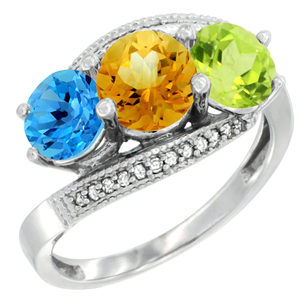 10K White Gold Natural Swiss Blue Topaz, Citrine &amp; Peridot 3 stone Ring Round 6mm Diamond Accent, sizes 5 - 10