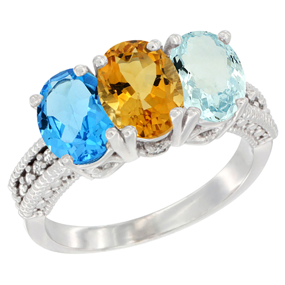 10K White Gold Natural Swiss Blue Topaz, Citrine & Aquamarine Ring 3-Stone Oval 7x5 mm Diamond Accent, sizes 5 - 10