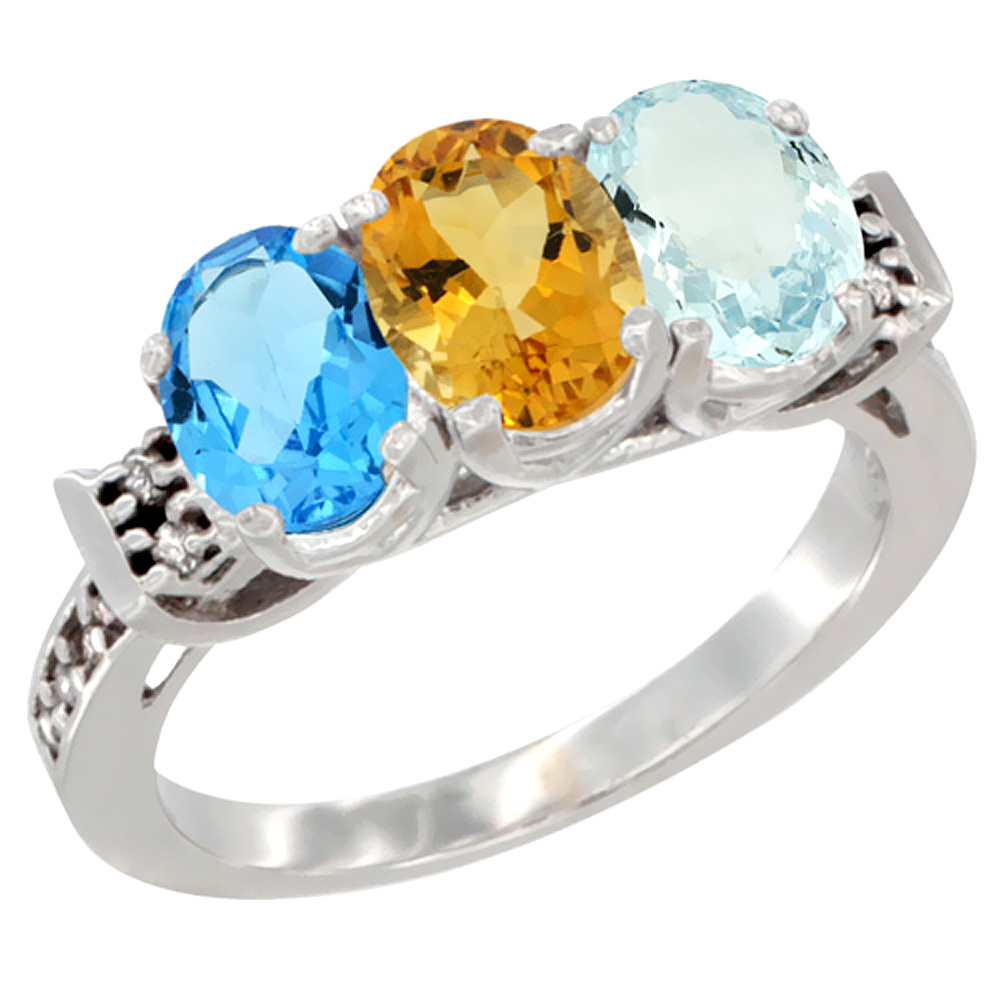 10K White Gold Natural Swiss Blue Topaz, Citrine & Aquamarine Ring 3-Stone Oval 7x5 mm Diamond Accent, sizes 5 - 10