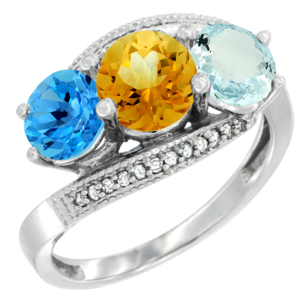 14K White Gold Natural Swiss Blue Topaz, Citrine & Aquamarine 3 stone Ring Round 6mm Diamond Accent, sizes 5 - 10