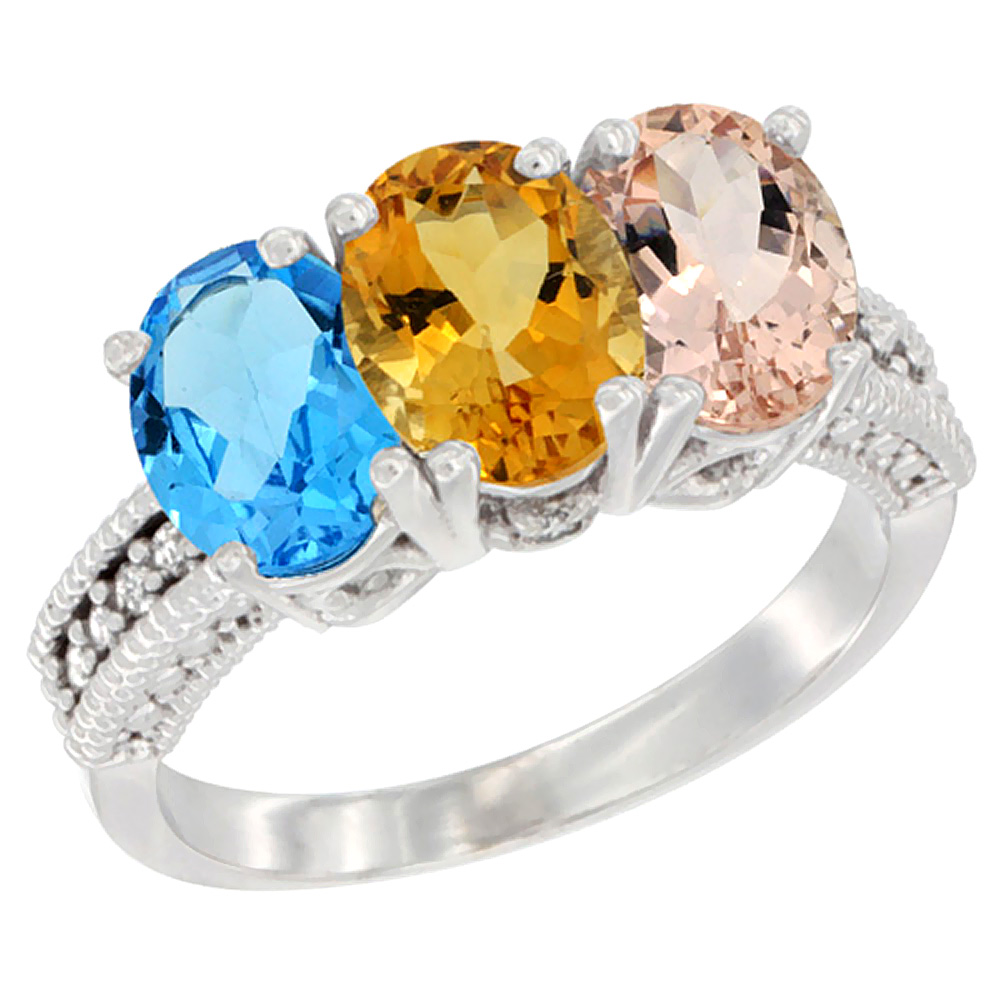 10K White Gold Natural Swiss Blue Topaz, Citrine & Morganite Ring 3-Stone Oval 7x5 mm Diamond Accent, sizes 5 - 10