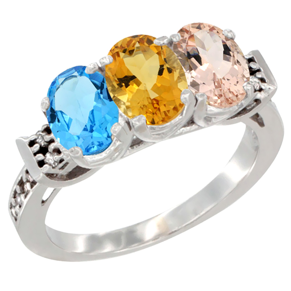 10K White Gold Natural Swiss Blue Topaz, Citrine &amp; Morganite Ring 3-Stone Oval 7x5 mm Diamond Accent, sizes 5 - 10