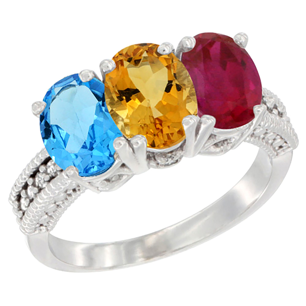 14K White Gold Natural Swiss Blue Topaz, Citrine & Enhanced Ruby Ring 3-Stone 7x5 mm Oval Diamond Accent, sizes 5 - 10