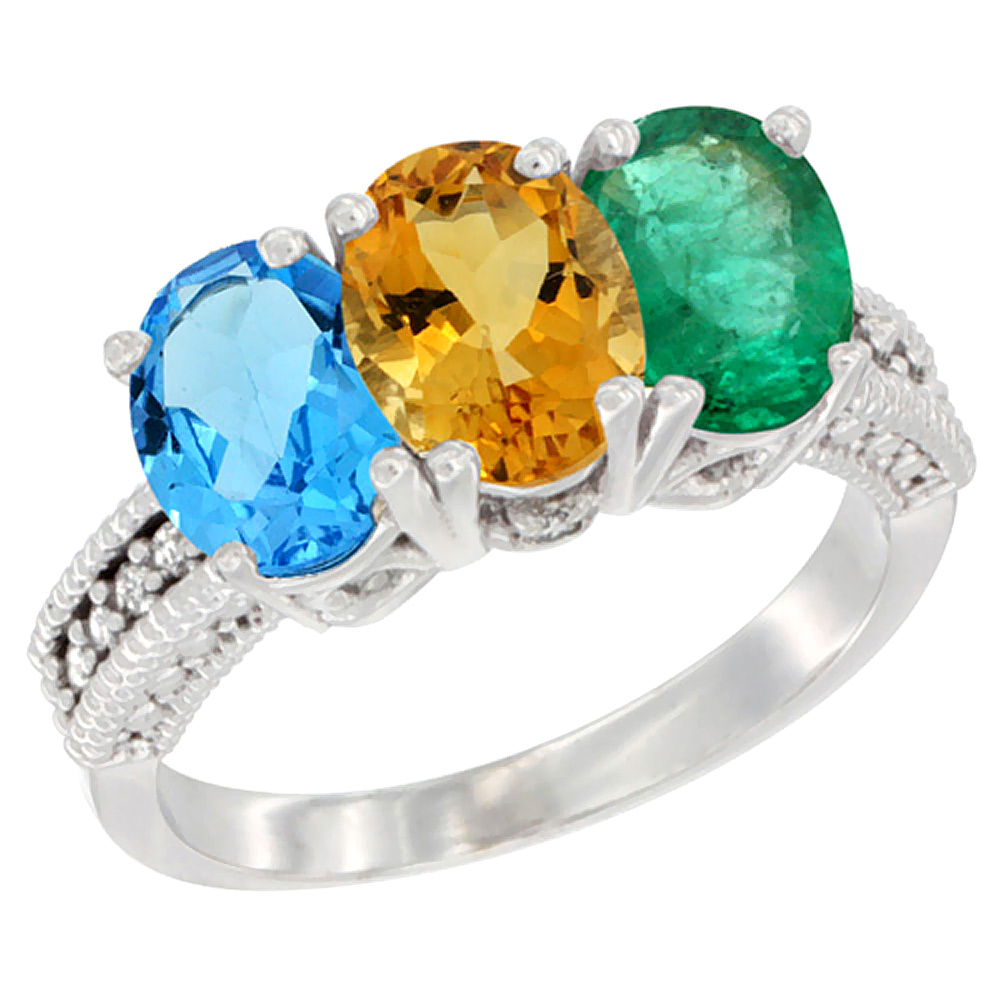 14K White Gold Natural Swiss Blue Topaz, Citrine & Emerald Ring 3-Stone 7x5 mm Oval Diamond Accent, sizes 5 - 10