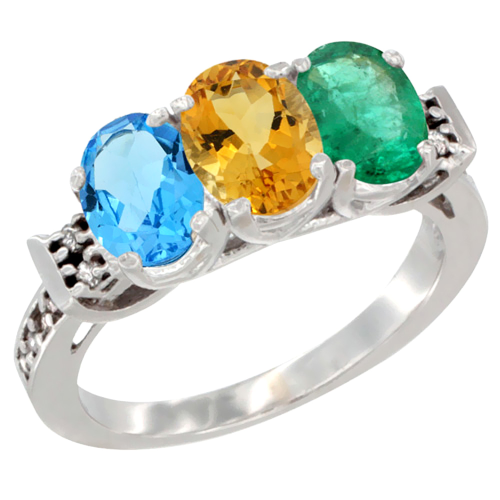 10K White Gold Natural Swiss Blue Topaz, Citrine & Emerald Ring 3-Stone Oval 7x5 mm Diamond Accent, sizes 5 - 10