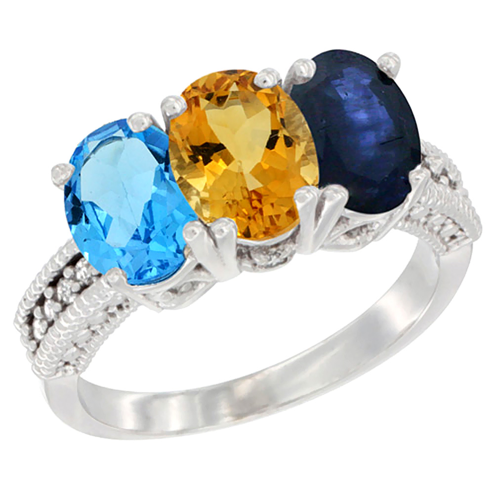 10K White Gold Natural Swiss Blue Topaz, Citrine &amp; Blue Sapphire Ring 3-Stone Oval 7x5 mm Diamond Accent, sizes 5 - 10