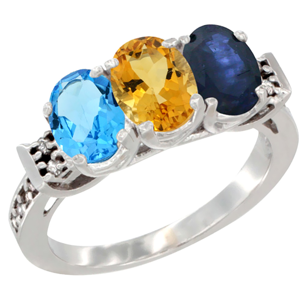 10K White Gold Natural Swiss Blue Topaz, Citrine & Blue Sapphire Ring 3-Stone Oval 7x5 mm Diamond Accent, sizes 5 - 10