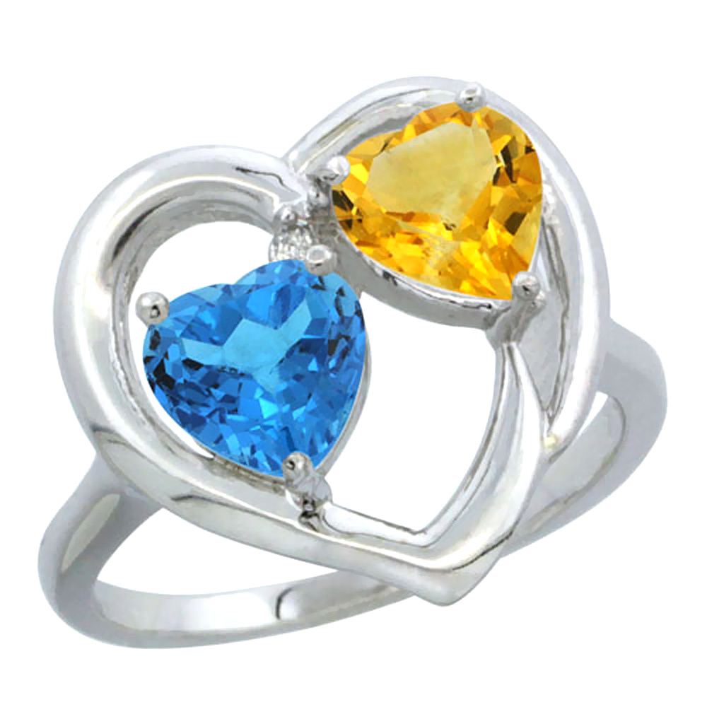 10K White Gold Diamond Two-stone Heart Ring 6mm Natural Swiss Blue Topaz & Citrine, sizes 5-10