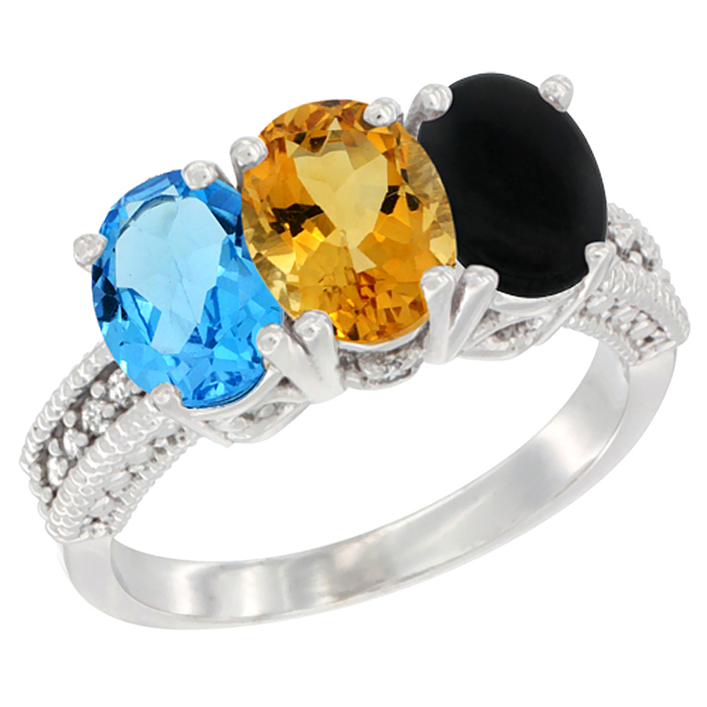 10K White Gold Natural Swiss Blue Topaz, Citrine &amp; Black Onyx Ring 3-Stone Oval 7x5 mm Diamond Accent, sizes 5 - 10