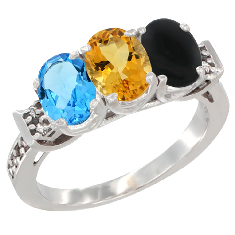 10K White Gold Natural Swiss Blue Topaz, Citrine & Black Onyx Ring 3-Stone Oval 7x5 mm Diamond Accent, sizes 5 - 10