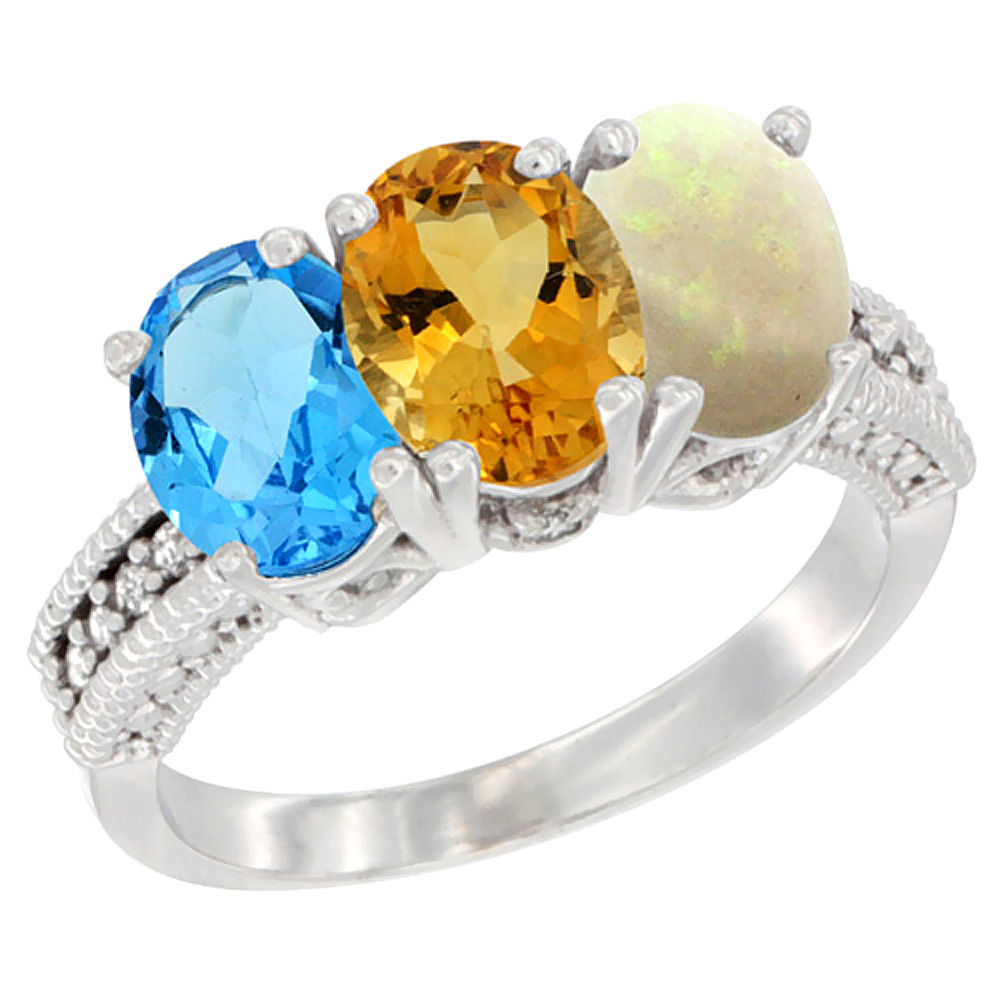 14K White Gold Natural Swiss Blue Topaz, Citrine & Opal Ring 3-Stone 7x5 mm Oval Diamond Accent, sizes 5 - 10