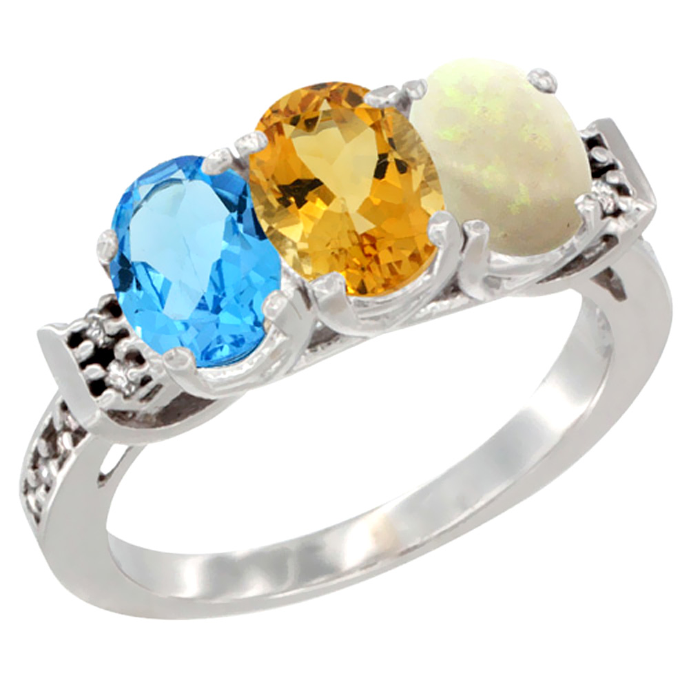 14K White Gold Natural Swiss Blue Topaz, Citrine &amp; Opal Ring 3-Stone 7x5 mm Oval Diamond Accent, sizes 5 - 10