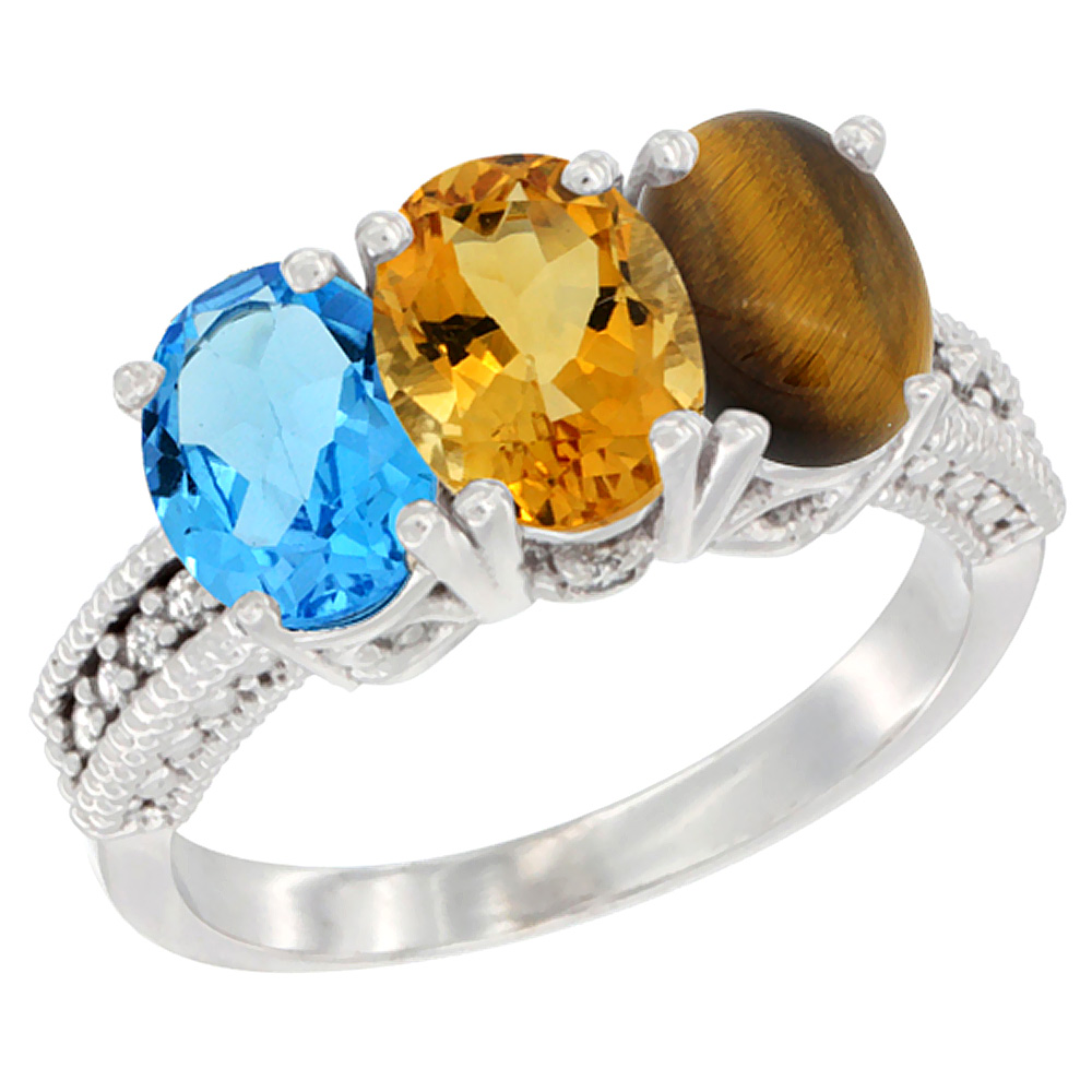 14K White Gold Natural Swiss Blue Topaz, Citrine & Tiger Eye Ring 3-Stone 7x5 mm Oval Diamond Accent, sizes 5 - 10