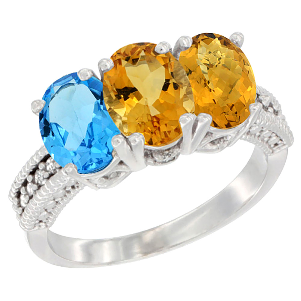 10K White Gold Natural Swiss Blue Topaz, Citrine &amp; Whisky Quartz Ring 3-Stone Oval 7x5 mm Diamond Accent, sizes 5 - 10