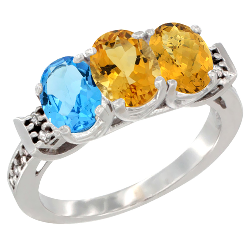 10K White Gold Natural Swiss Blue Topaz, Citrine & Whisky Quartz Ring 3-Stone Oval 7x5 mm Diamond Accent, sizes 5 - 10