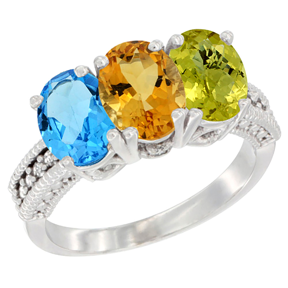 10K White Gold Natural Swiss Blue Topaz, Citrine &amp; Lemon Quartz Ring 3-Stone Oval 7x5 mm Diamond Accent, sizes 5 - 10